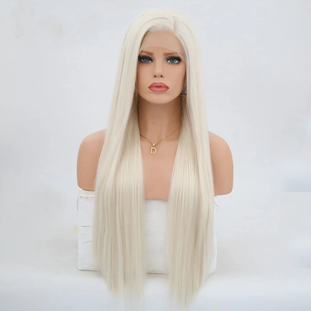 

RONGDUOYI Two Tone Color Heat Resistant Silky Straight Synthetic Lace Front Wigs For Women Middle Part Brown Roots Cosplay Wigs