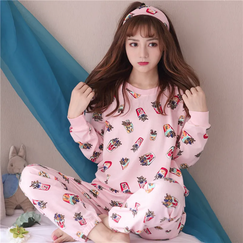 Spring Pajamas for Women O Neck Pullover Long Sleeve Sleepwear Casual Printing Sweet Female Two