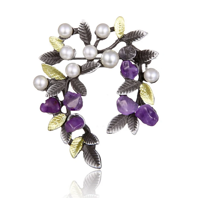 

New Hot Colorful Natural Stone Leaf Brooches Pins Vintage Style Imitation Pearl Big Women Brooch Wedding Accessories Jewelry