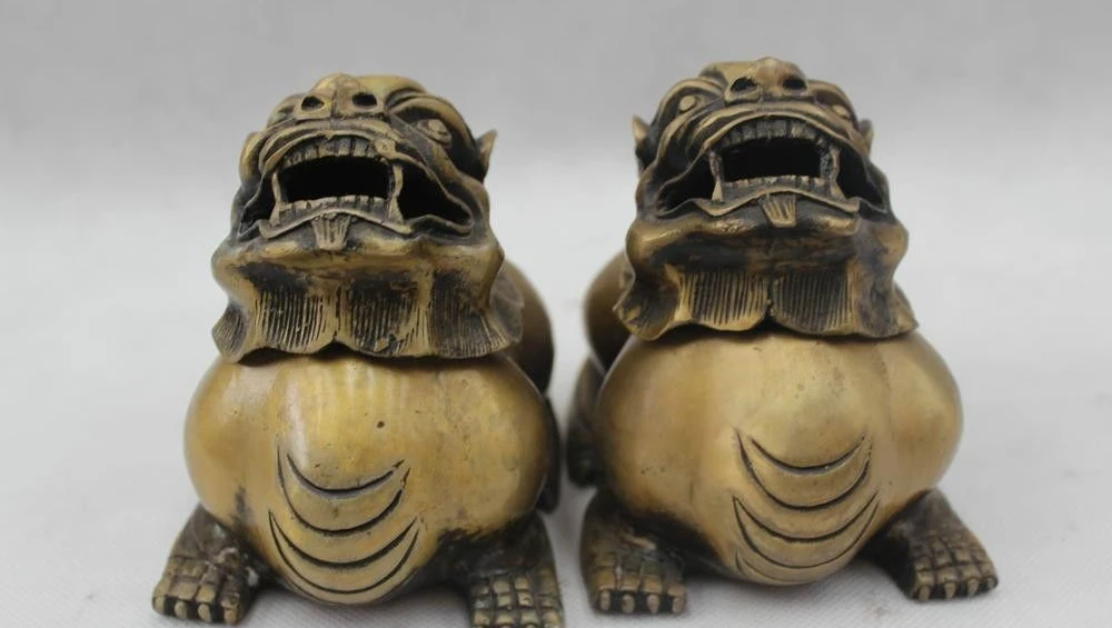 

4"Chinese Marked Folk Pure Bronze Lucky Two Lion Burner incense burner Statue