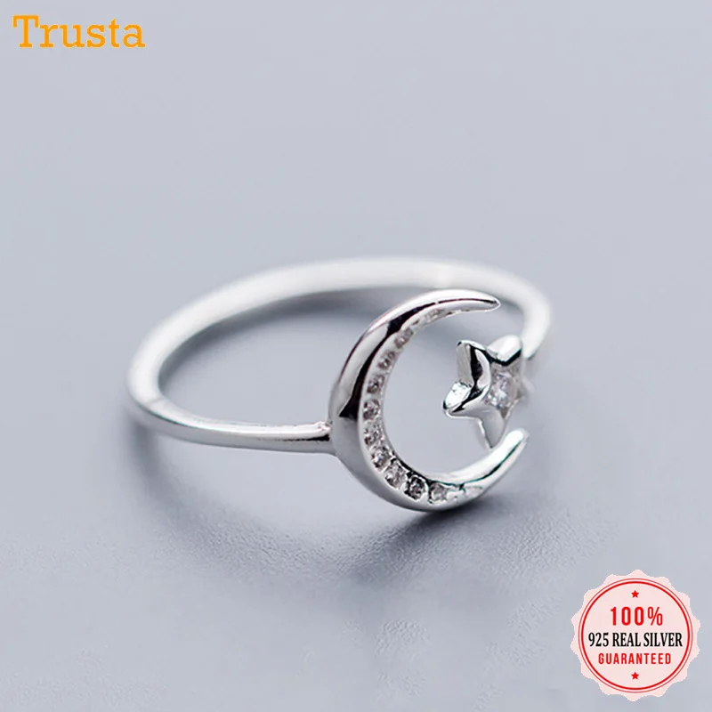 

Trusta 100% 925 Solid Real Sterling Silver Fashion Jewelry Moon Star CZ Cocktail Opening Ring Sizable For Women Girl Gift DA27