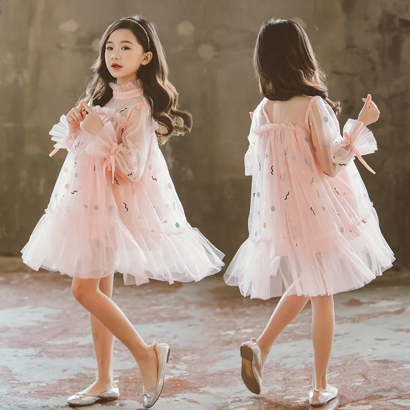 

Girls Polka Dot Dress Spring Autumn Birthday Wedding Elegant Pleated Long Sleeve Bow Vestido Children Mesh Lace Princess Dresses