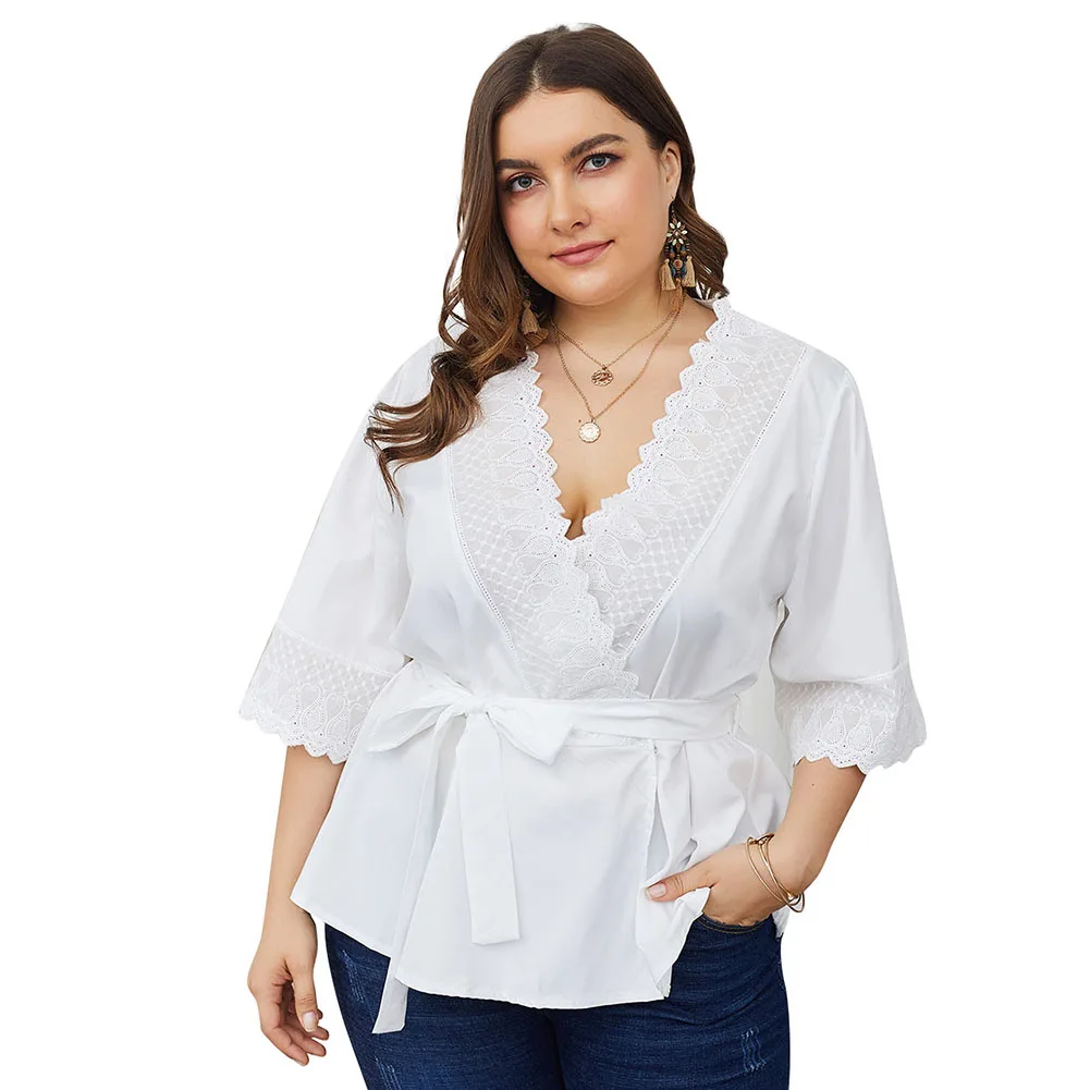 

2019 Loose Large Size Lace Side v Neck Belt Bow Mid Sleeve Solid Color Leisure Spring And Autumn Comfortable Shirt