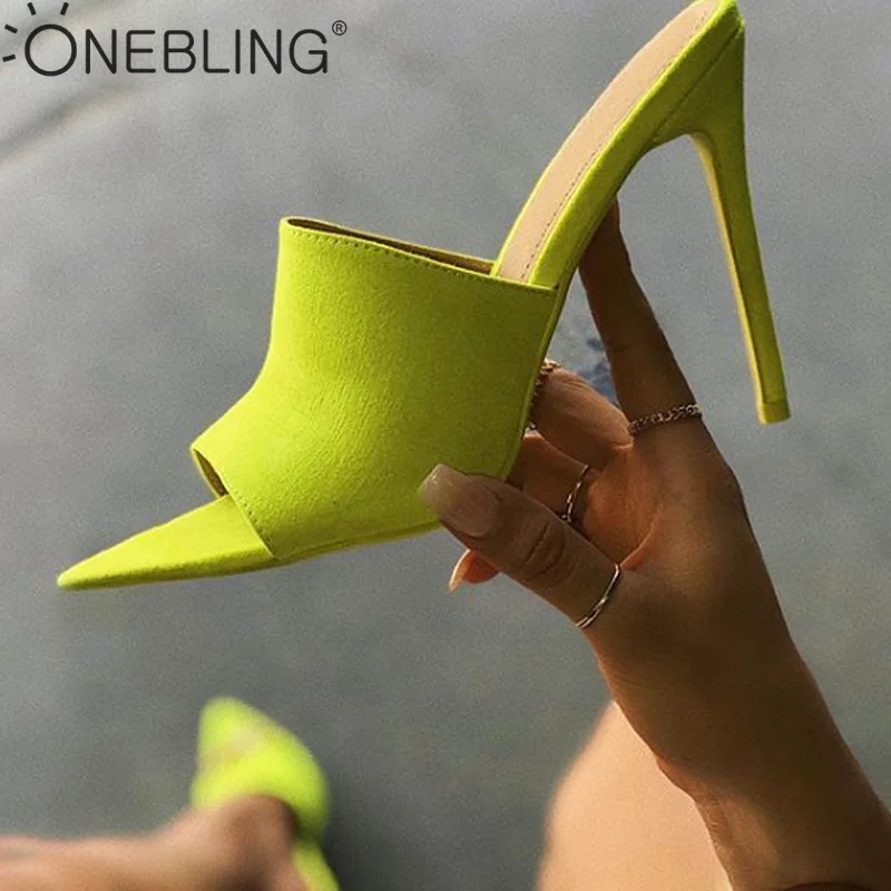 

OneBling Neon Color Summer Pointed Toe High Heel Slippers 2019 Faux Suede Thin Heel Women Slides Open Toe Sandals Mules