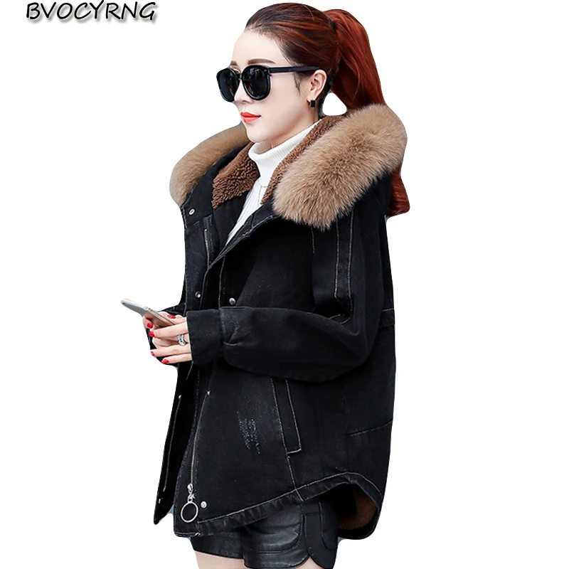 

new women Winter Cowboy Coat Female Plus Velvet Thick warm coats Short leisure Jacket Hooded big fur collar Denim parka K0929