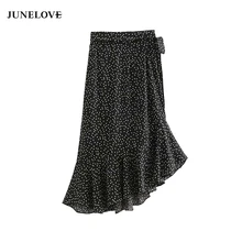 JuneLove элегантная шифоновая юбка в горошек с оборками и бантом, асимметричная женская уличная юбка до середины икры на молнии