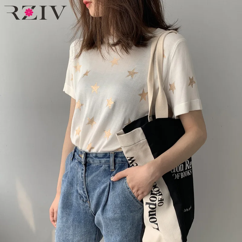 

RZIV Summer knitted top Women's T-Shirt Casual Star Print Round Neck T-Shirt