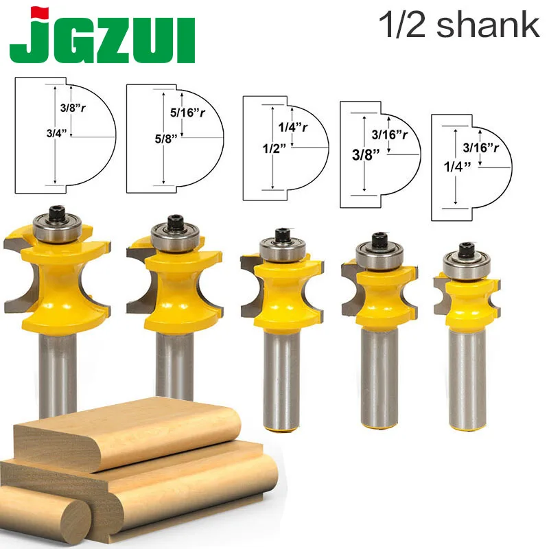  1-5Pc Bullnose Router Bit Set C3 Carbide Tipped 1/2