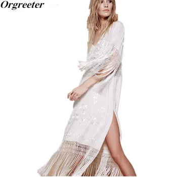 

Orgreeter Long Maxi Dress Newest Tassel Dress Sexy V-neck Waist Hollow Vintage White Embroidered Floral Boho Clothing Dress
