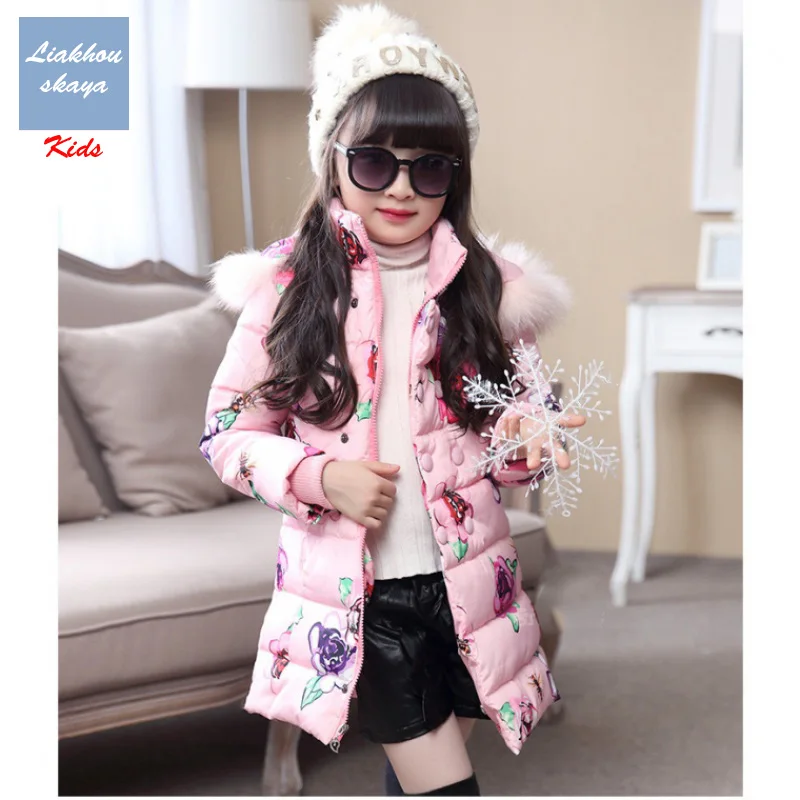 Liakhouskaya/ г.; детская зимняя куртка для девочек; пальто; парки для девочек в Корейском стиле; Верхняя одежда с меховым капюшоном; пальто для подростков - Цвет: Pink Flower