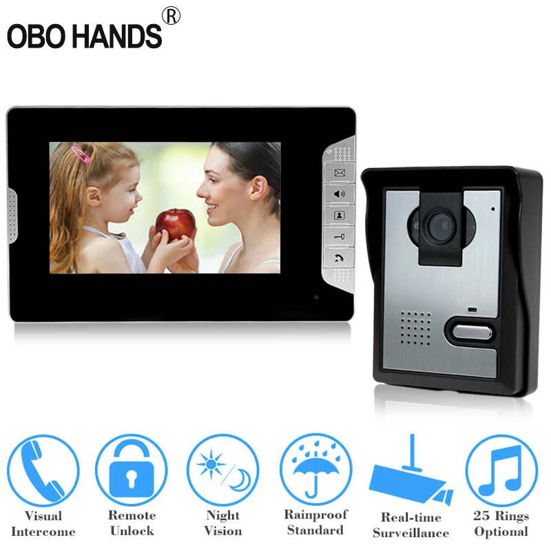 

OBO 7'' TFT LCD Color Wired Video Doorbell Intercom Home Door Phone for private house camera Night Vision peephole 700TVL white