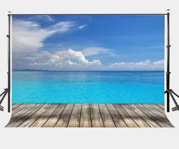 

150x220cm Vast Deep Blue Sea Backdrop Blue Sky White Cloud Wooden Floor Photography Background Summer Theme Outgoing