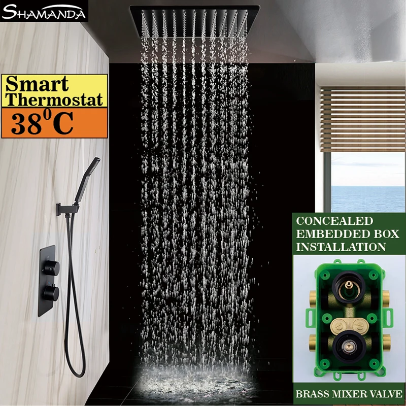 Koop Messing Wandmontage Zwart Thermostatische Douche Set Kranen Plafond Muur Douche Arm Handheld Met 8 10 12 16 Inch Regendouche