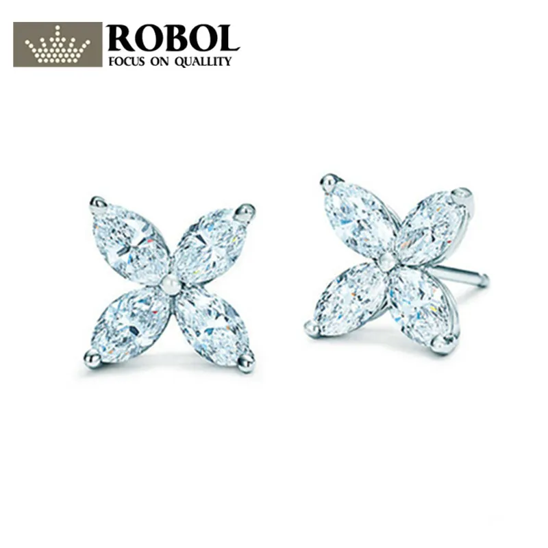 

ROBOL TIFF 100% 925 Sterling Silver Jewelry Zircon Clover Earrings Fashion Ladies Elegant Zircon Flower Flower Ear Studs Gift