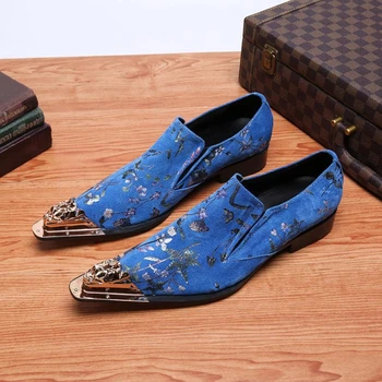 

New Fashion Pointed Toes Printing Flower Personality Casual Leather Shoes England Style Bottom Thin Business Leather Shoes