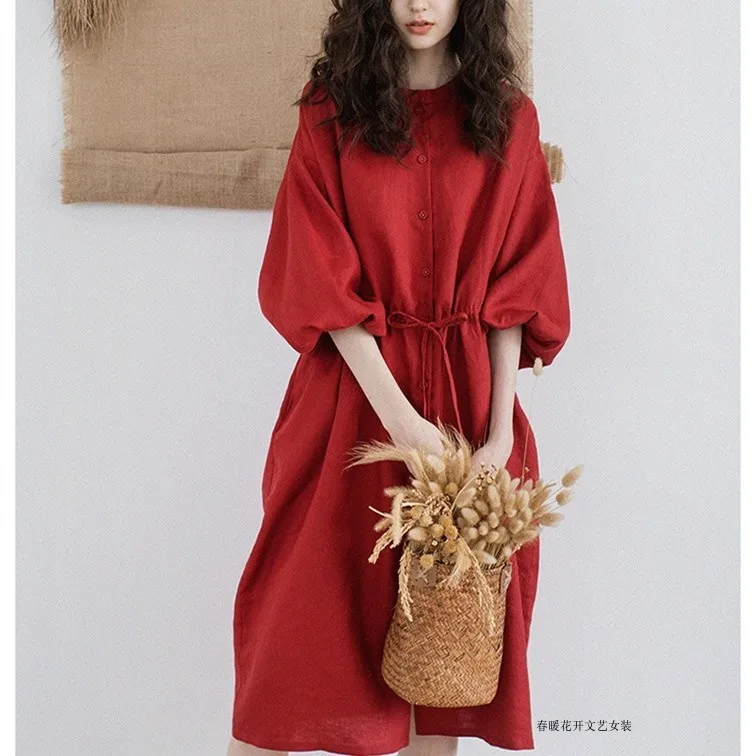 

2019 Cotton Suit-dress Dress Red Joker Long Fund Round Neck Chalaza Flax Cardigan Outside The Ride h190604