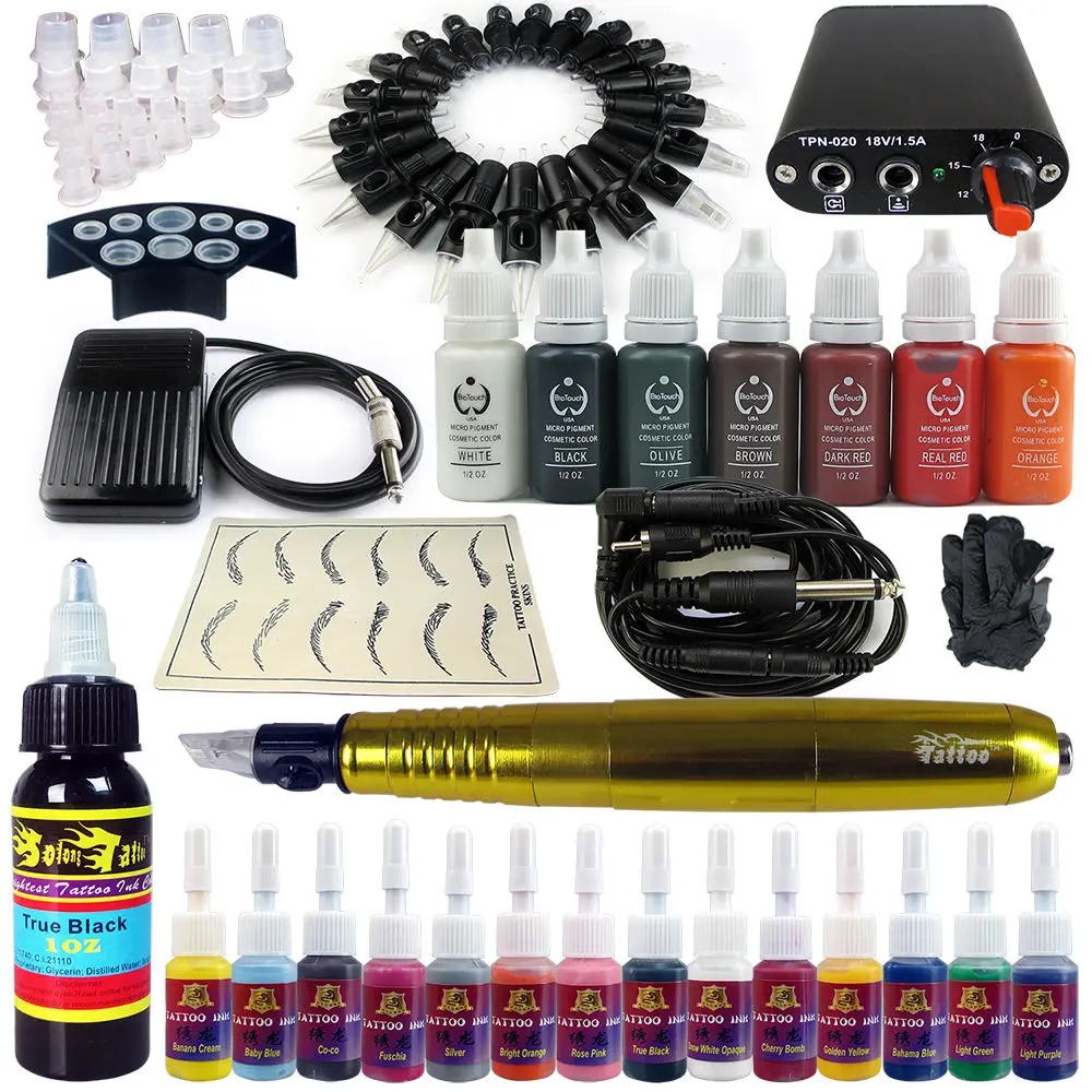 

tattoo machine 2-In-1 Rotary Tattoo Machine Permanent Makeup Pen 20 Needle Cartridges Ink Set permanent makeup machine