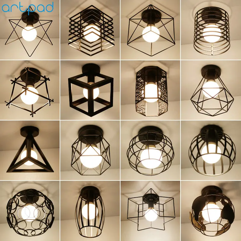 Günstig Vintage Loft Black Iron Cage Led Ceiling Lamp Nordic Metal Light for Kitchen Bedroom Balcony Asile Bar E27 Ceiling Light Fixture