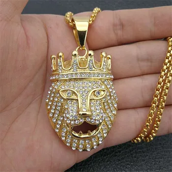 

Iced Out Crown Lion Head Necklace & Pendant With Stainless Steel Chain Gold Color Bling Cubic Zircon Men's Hip hop Jewelry