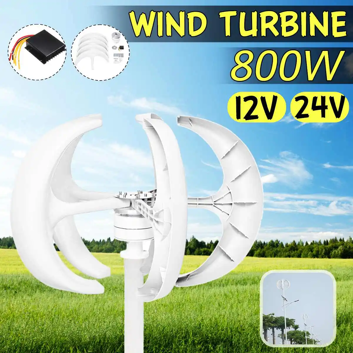 

800W Wind Turbines Generator Lantern Vertical Axis 12V 24V 5 Blades Motor Kit For Home Hybrid Streetlight Use Electromagnetic