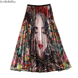 AreMoMuWha новая Персонализированная эластичная талия Атлас в длинном абзаце с принтом, плиссированная пышная Свободная юбка для женщин QX1105