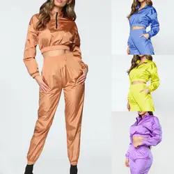 2019 осенние женские комплекты для бегунов из 2 предметов на молнии, однотонные укороченные топы с завязками, длинные штаны, женские
