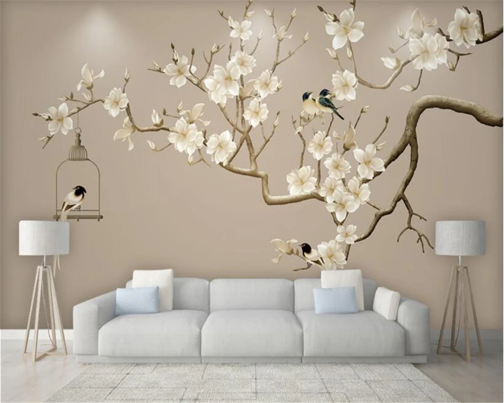 

Beibehang 3d wallpaper hand-painted flower bird illustration Magnolia flower hand painted tv backdrop wallpaper for walls 3 d