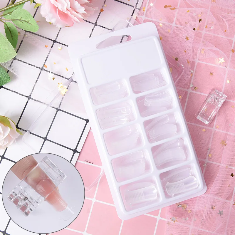 1set 100Pcs False Nail Clear Half Transparent French Acrylic UV Gel Manicure Fake Nails Art Tips Quick Building Mold Finger