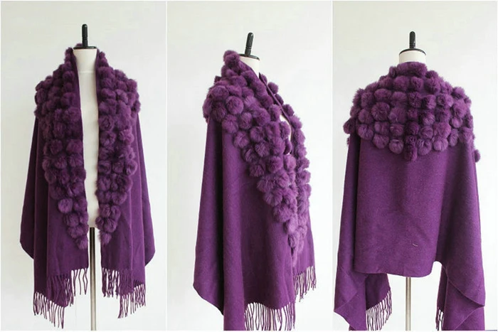Пашмины меховая шаль шарф для женщин высокое качество простой кроличий мех помпон зимнее толстое Пашмины Пончо женские элегантные обертывания - Цвет: purple