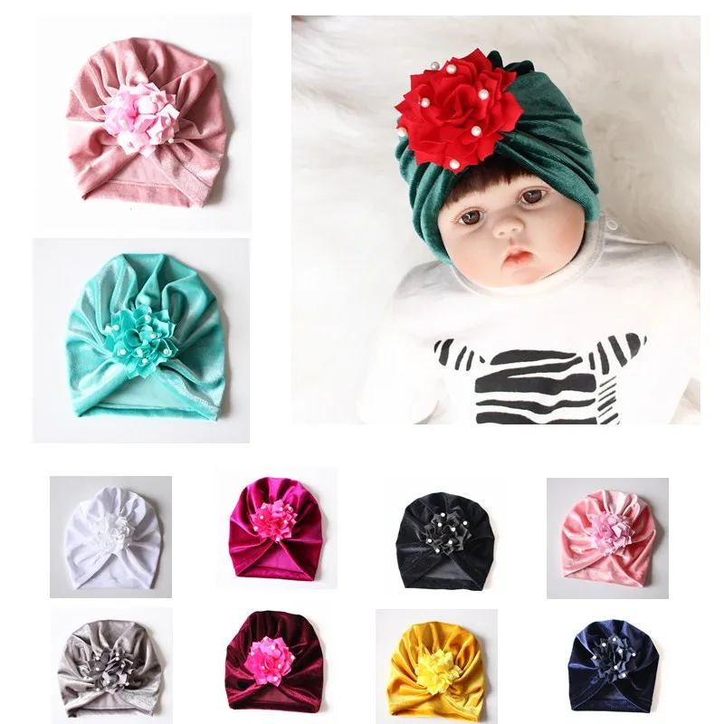 

Infant Baby Hats Children Solid pearl flower pullover cap For Kids Girls Hat