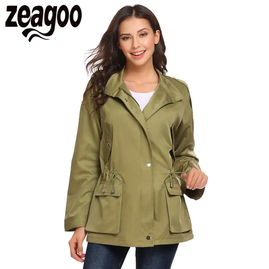 Zeagoo w/стенд воротник шнурок талии Однотонная повседневная обувь свободная куртка