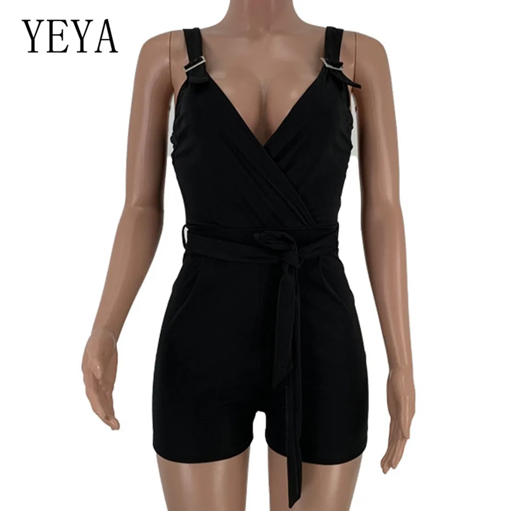 YEYA Women Bodycon Jumpsuits Summer Sleeveless Sexy Deep V-neck Short Overalls Elegant Rompers Playsuit with Waist Belt Macacao YEYA Women Bodycon Jumpsuits Summer Sleeveless Sexy Deep V-neck Short Overalls Elegant Rompers Playsuit with Waist Belt Macacao