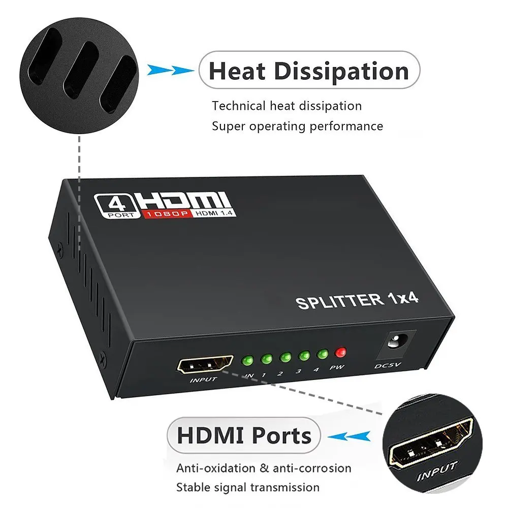 Aikexin 1080 P 4 Выход HDMI сплиттер 1x4 HDMI дистрибьютор 1 в 4 на разветвитель Поддержка Full HD 1080 P 3D для HDTV DVD плеер PS4