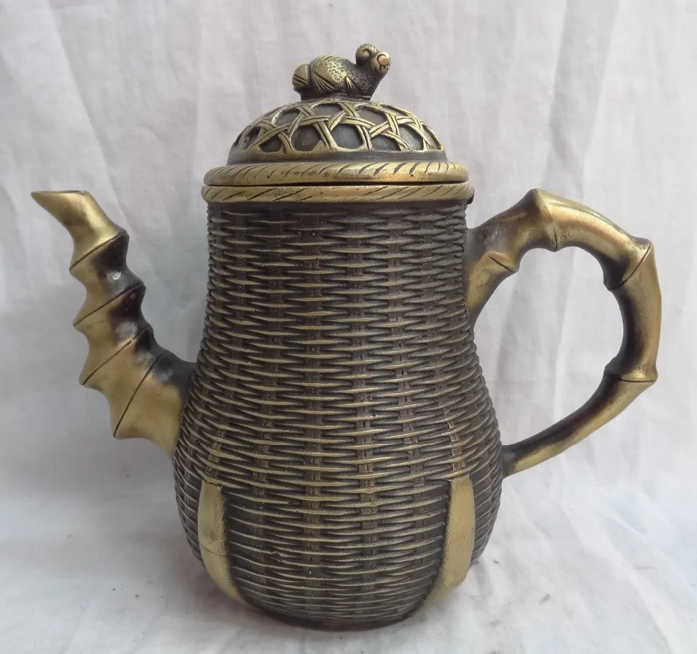 Chinese Bronze Bamboo Knit Statue Tibet Buddhist Auspicious Wine Pot