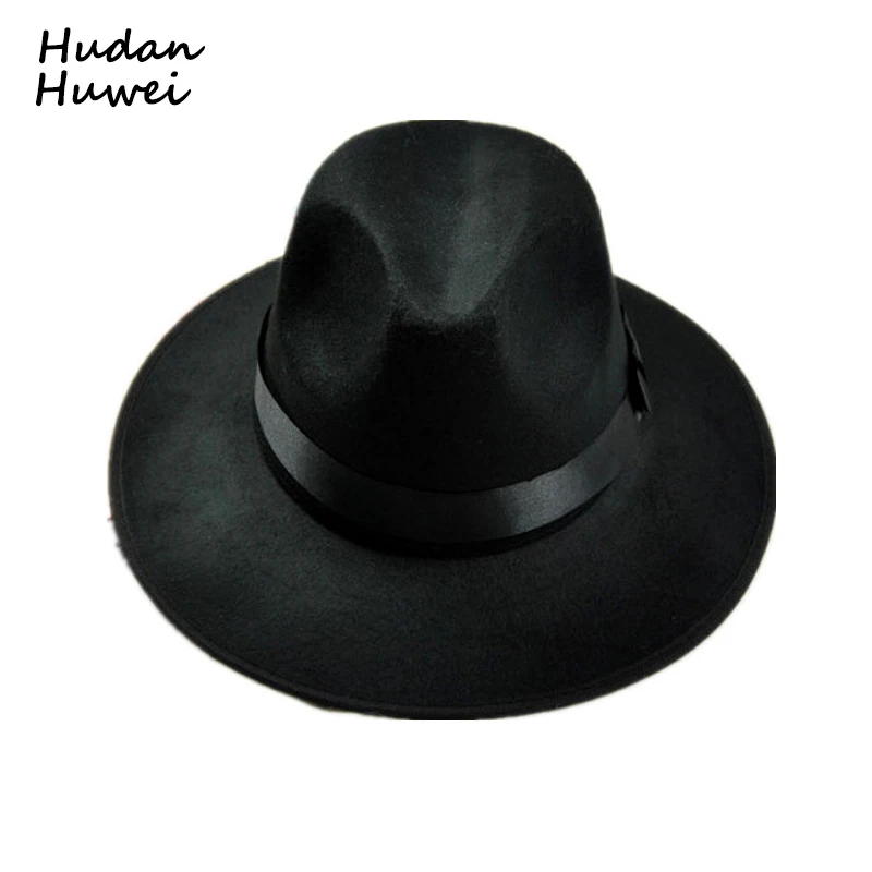 

Retro Black Wool felt Jazz Cap Hat wide brim Fedora Hats black band casual cowboy cowgirl hat panama chapeau for men women