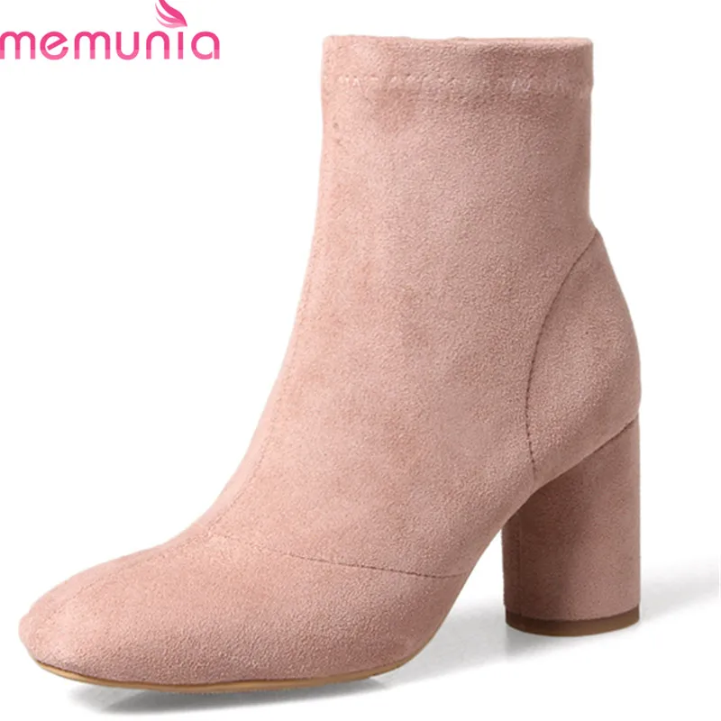 

MEMUNIA 2018 top quality suede leather autumn boots fashion solid color ankle boots for women zip square high heels shoes woman