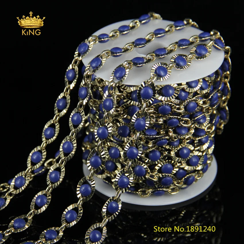 

5meters Lapis Blue Color Lampwork Beads Glass Rosary Chains,Wire Wrapped Round Glass Plated Gold Copper Links Chain Jewelry JH03