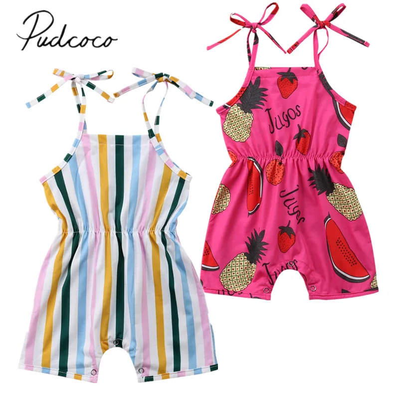 

2018 Brand New Newborn Infant Baby Girl Summer Romper Sleeveless Striped Fruit Print Elastic Waist Jumpsuits Romper Outfit 0-24M