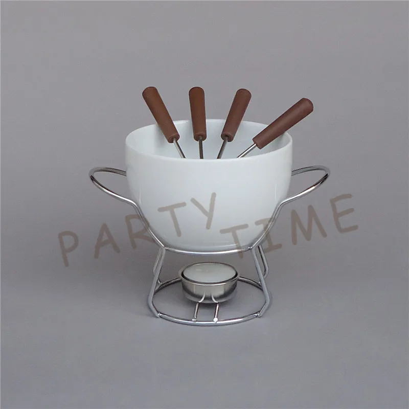 Ceramic fondue set cheese warmer chocolate pot on a metal standin
