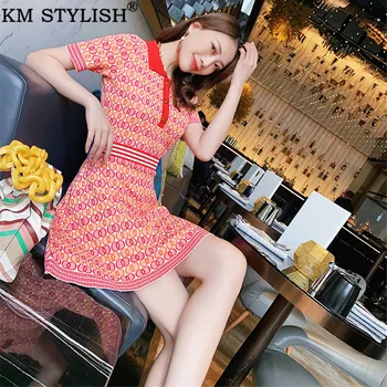 

2019 Summer New Temperament Ladies Elegant Knit Casual Print Bow A-line Dress Buttons Lapel Collars Contrast Color Dresses Black
