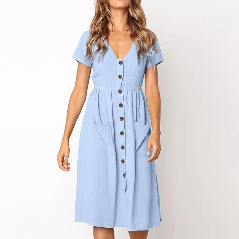 

Ladies V Neck Button Solid Knee Length Dress Beach Summer Pocket Bohemian Short Women Dresses Vestidos Robe femme Midi Dress