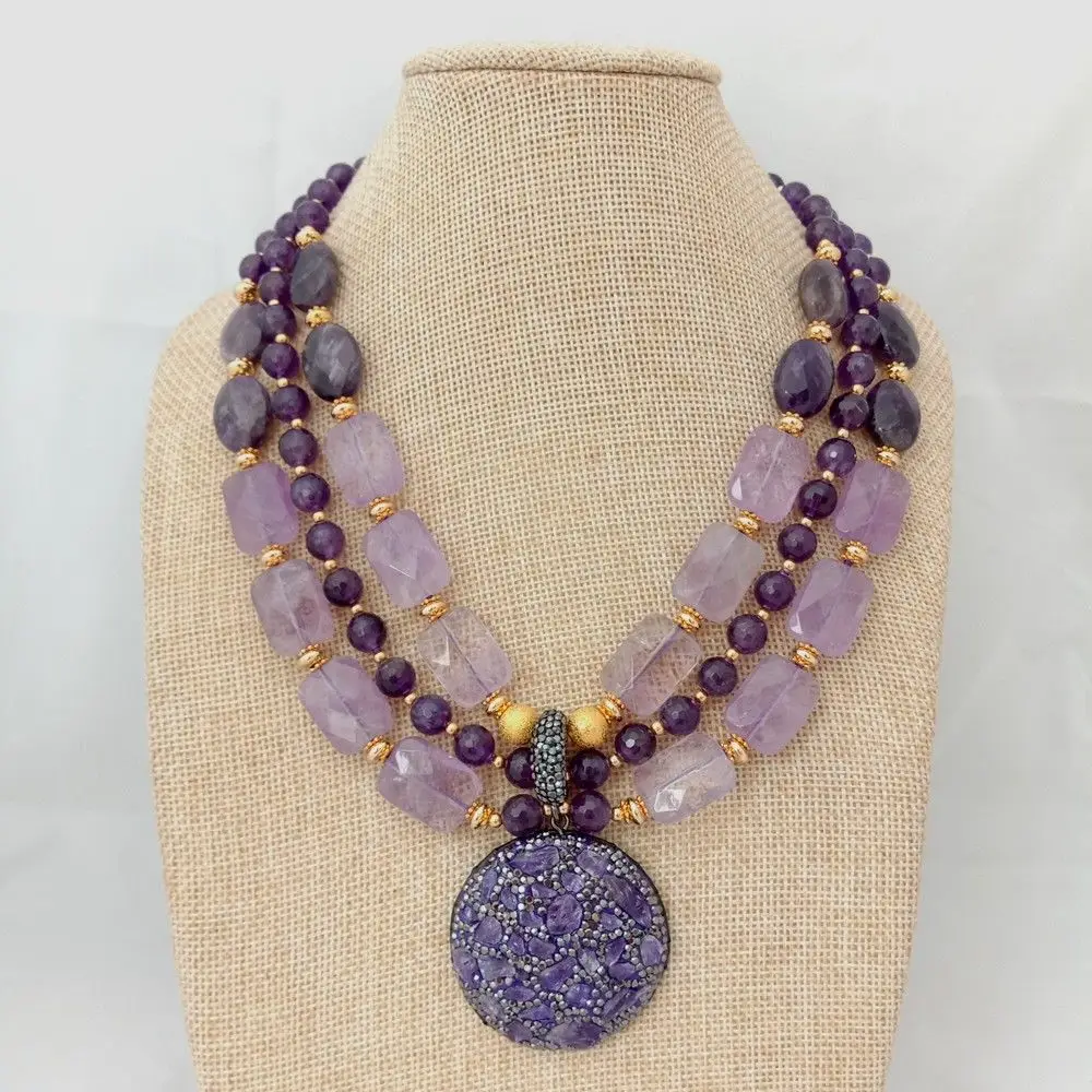

17'' 3 Rows Round Rectangle Purple Stone Necklace Crystal Rough Pendant