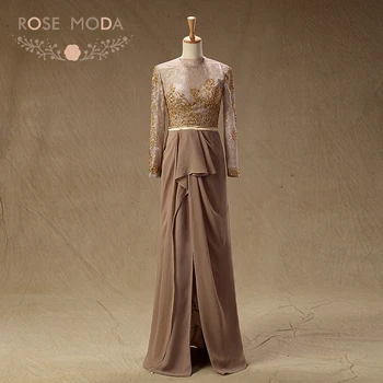

Rose Moda Brown Lace Mother of the Bride Dress Long Sleeves Muslim MOB Dress Formal Party Dress Plus Size 2018