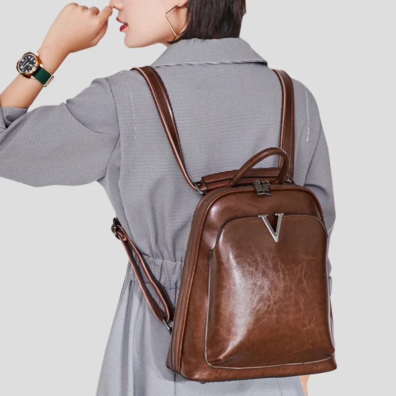 

2019 Genuine Leather Vintage Backpack Women Back Bag Travel Oil Wax Cowhide Fashion School bagpack Mochila Feminina Bags Brand