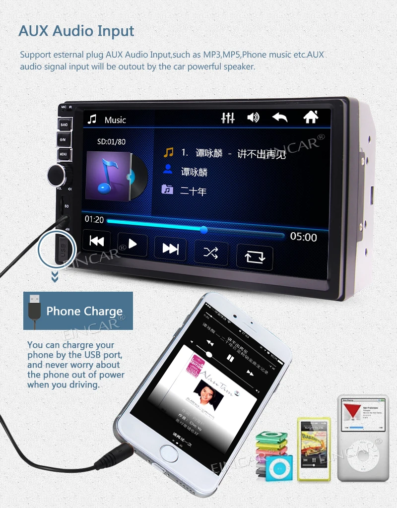 Eincar Double 2 Din Car Stereo Bluetooth Car MP5 Player FM Radio 7 Inch HD Touch Screen Support SWC Aux Input USB/TF Card Cam-In