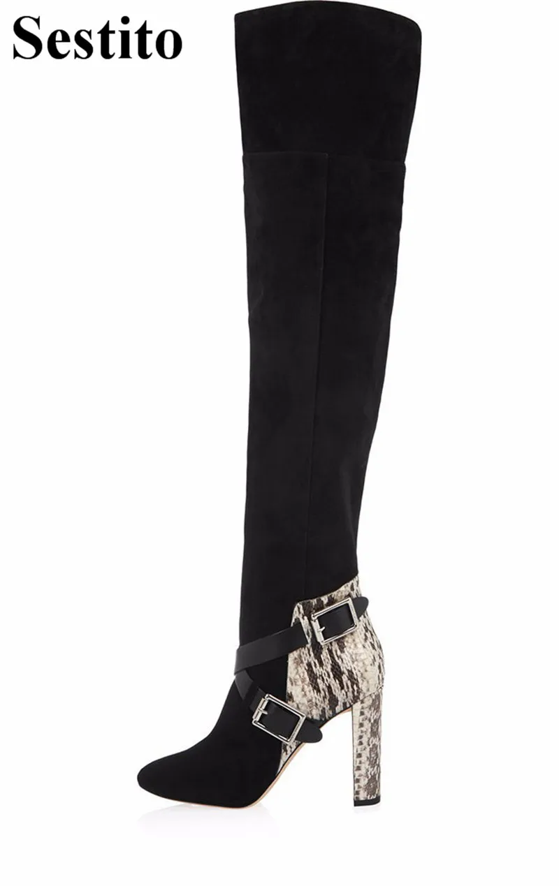 

European Fashion Women Patchwork Snake Pattern Round Toe Flock Over-the-Knee Boots Super High Hoof Heel Zip Buckle Ladies Shoes