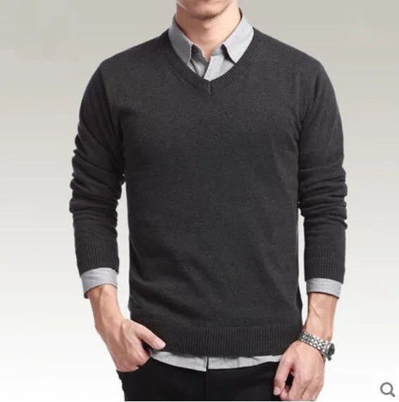 Мужской модный Повседневный тонкий свитер мужской весенне-осенний тонкий свитер с v-образным вырезом мужской пуловер Свитера Мужская одежда сплошной цвет - Цвет: deep gray