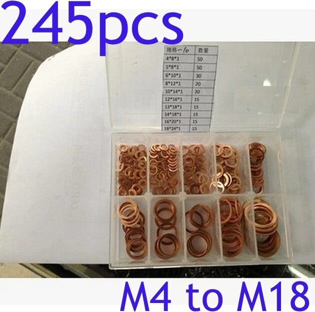 

245pcs M4 to M18 in Box Hardware Red Copper Washer Assortment/Kit/Set Free Shipping