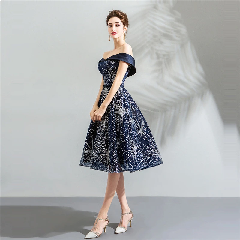 Это Yiiya коктейльные платья с вырезом лодочкой, темно-синие блестки, а-силуэт, до колена, плюс размер, новинка, LX1138, vestido coctel