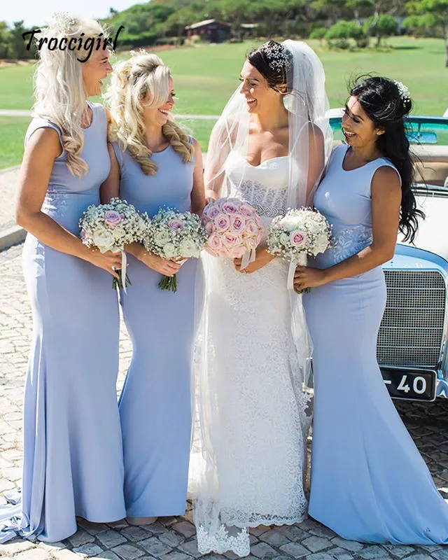 4-1            Mermaid Bridesmaid Dresses 2019 O-Neck Sleeveless Floor Length Satin Wedding party Dresses wedding guest dress